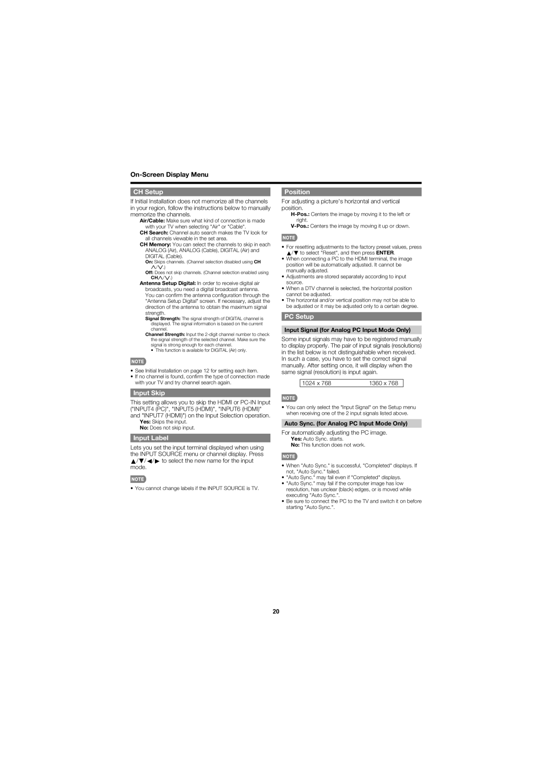 Sharp LC-40D68UT operation manual CH Setup, Position, PC Setup, Input Skip, Input Label 