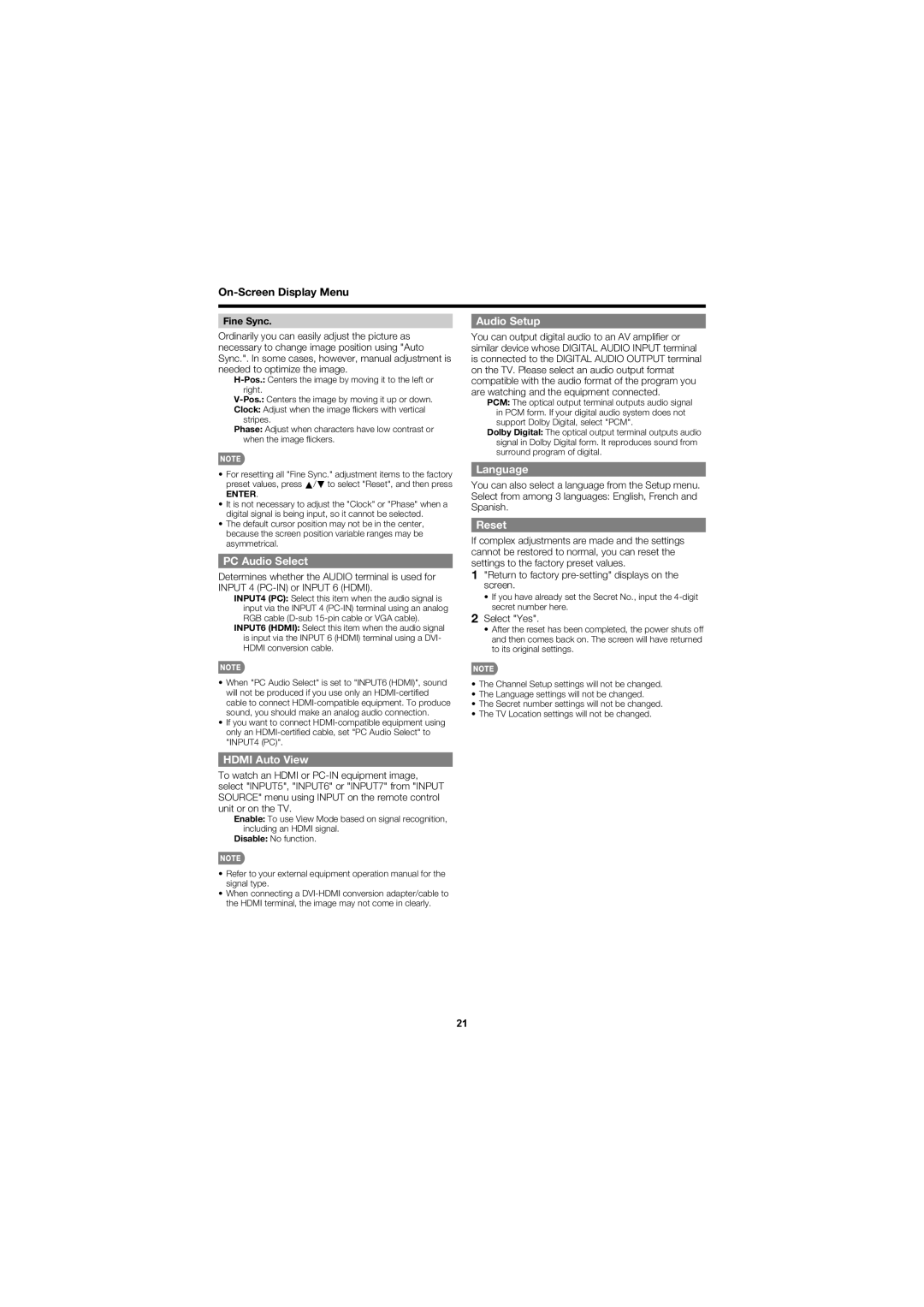 Sharp LC-40D68UT operation manual Audio Setup, PC Audio Select, Language, Reset, Hdmi Auto View 