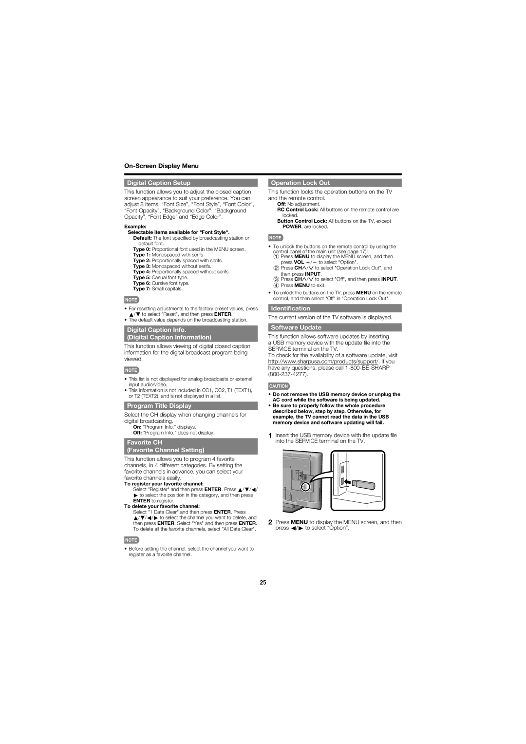 Sharp LC-40D68UT Digital Caption Setup, Operation Lock Out, Identiﬁcation, Program Title Display, Software Update 