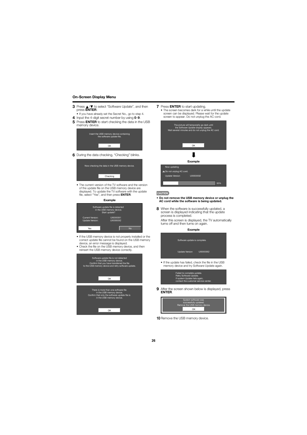 Sharp LC-40D68UT operation manual Press Enter to start updating, During the data checking, Checking blinks 