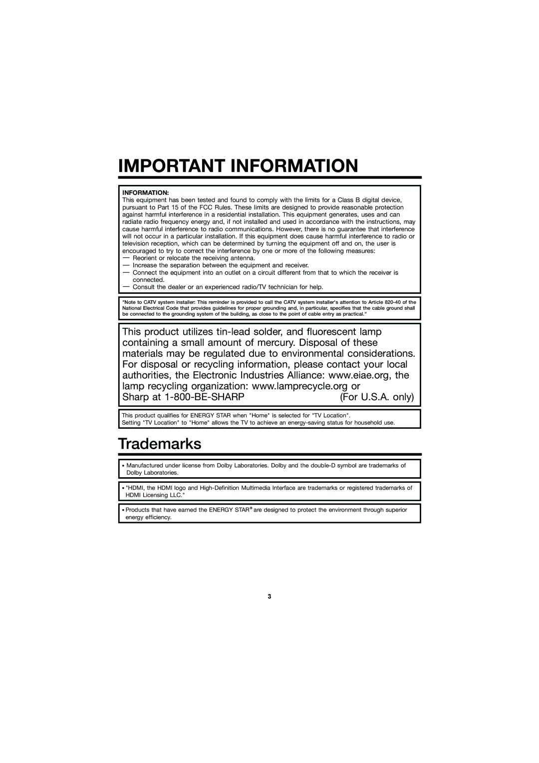 Sharp LC-40D68UT operation manual Important Information 