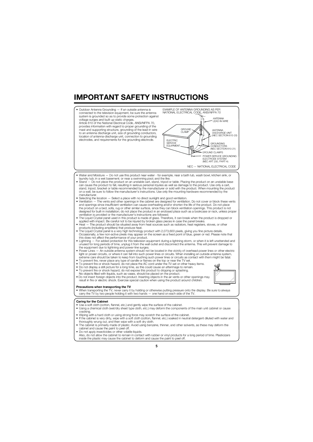 Sharp LC-40D68UT operation manual Precautions when transporting the TV, Caring for the Cabinet 