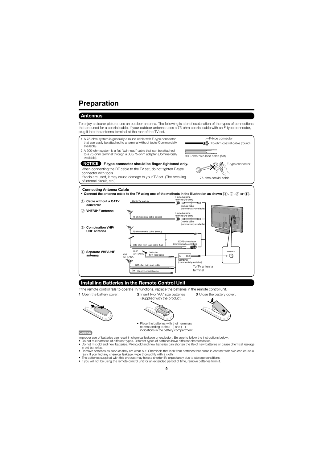 Sharp LC-40D68UT Preparation, Antennas, Installing Batteries in the Remote Control Unit, Connecting Antenna Cable 