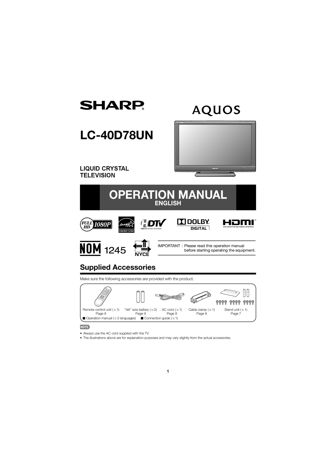 Sharp LC-40D78UN operation manual Supplied Accessories, Make sure the following accessories are provided with the product 