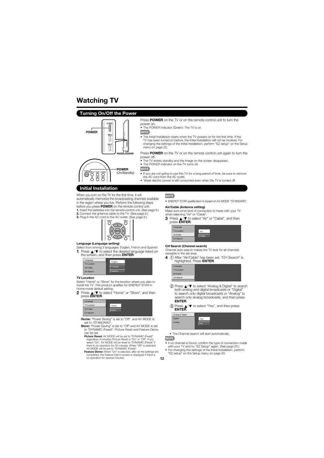 Sharp LC-40D78UN operation manual Watching TV, Turning On/Off the Power, Initial Installation, Enter 