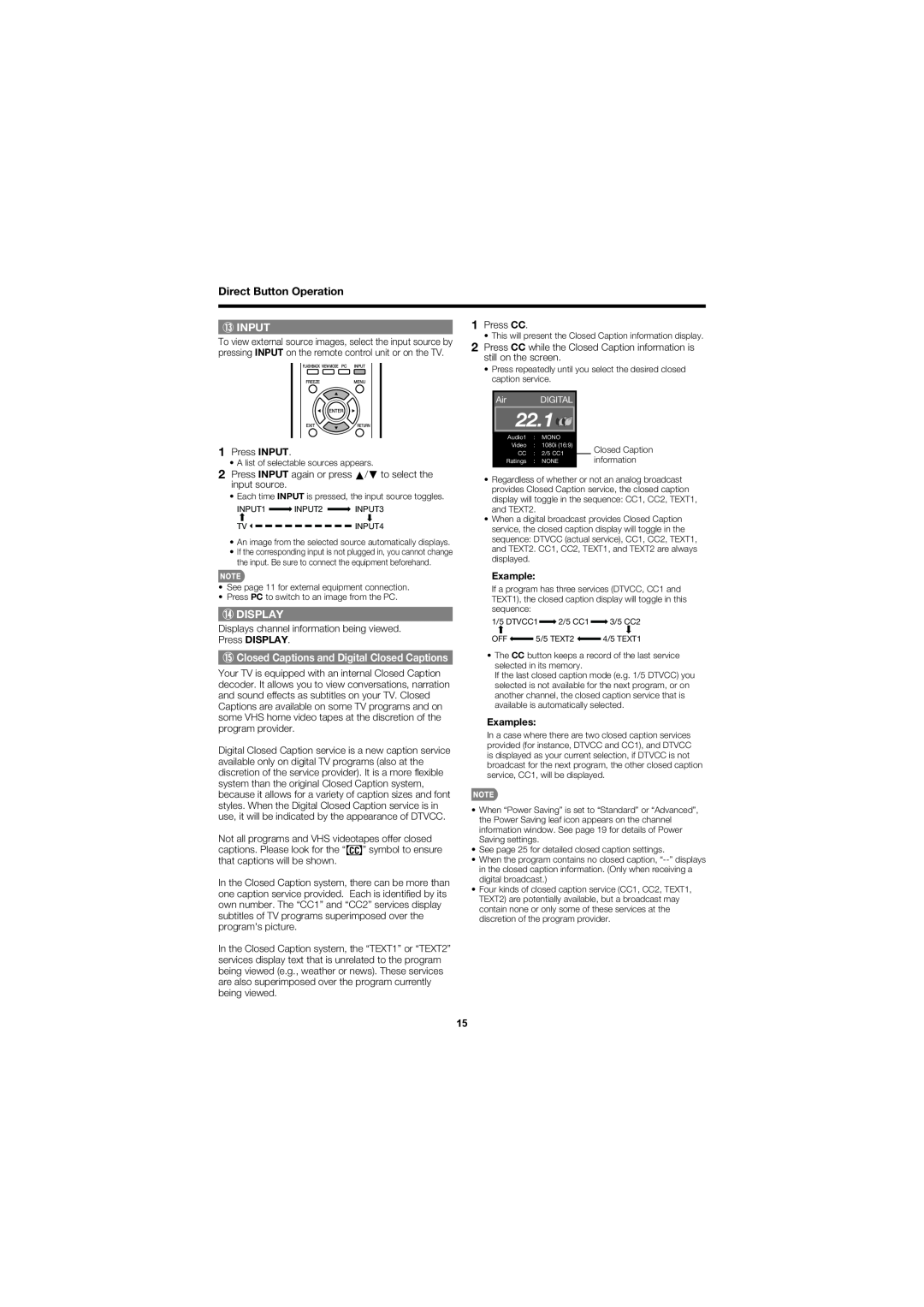 Sharp LC-40D78UN ⑬ INPUT, Press CC, Press INPUT again or press a/b to select the input source, Display, Example, 22.1 