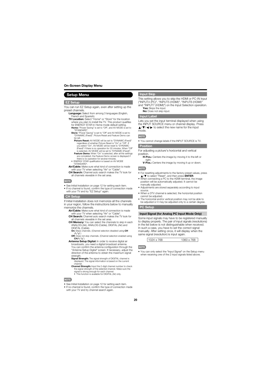 Sharp LC-40D78UN Setup Menu, You can run EZ Setup again, even after setting up the preset channels, Input Skip, 1024 