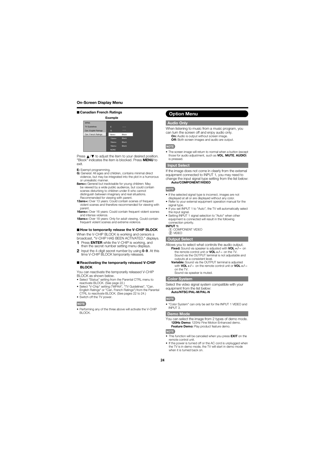 Sharp LC-40D78UN Option Menu, Canadian French Ratings, Reactivating the temporarily released V-CHIP BLOCK, Audio Only 