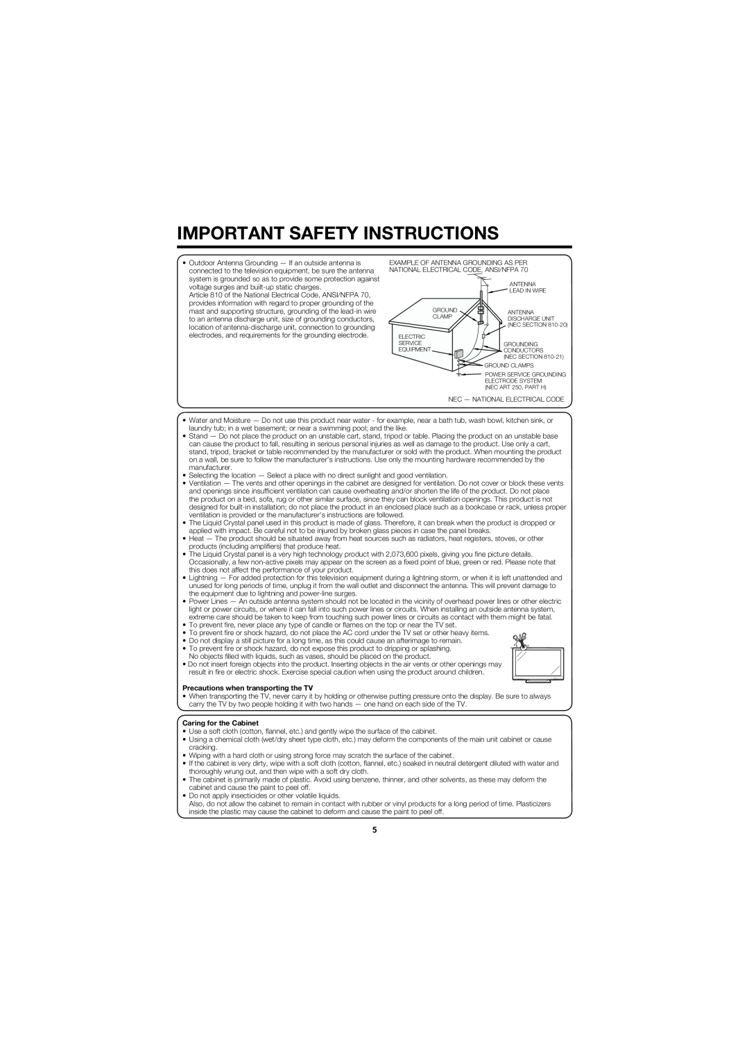 Sharp LC-40D78UN Precautions when transporting the TV, Caring for the Cabinet, Important Safety Instructions 