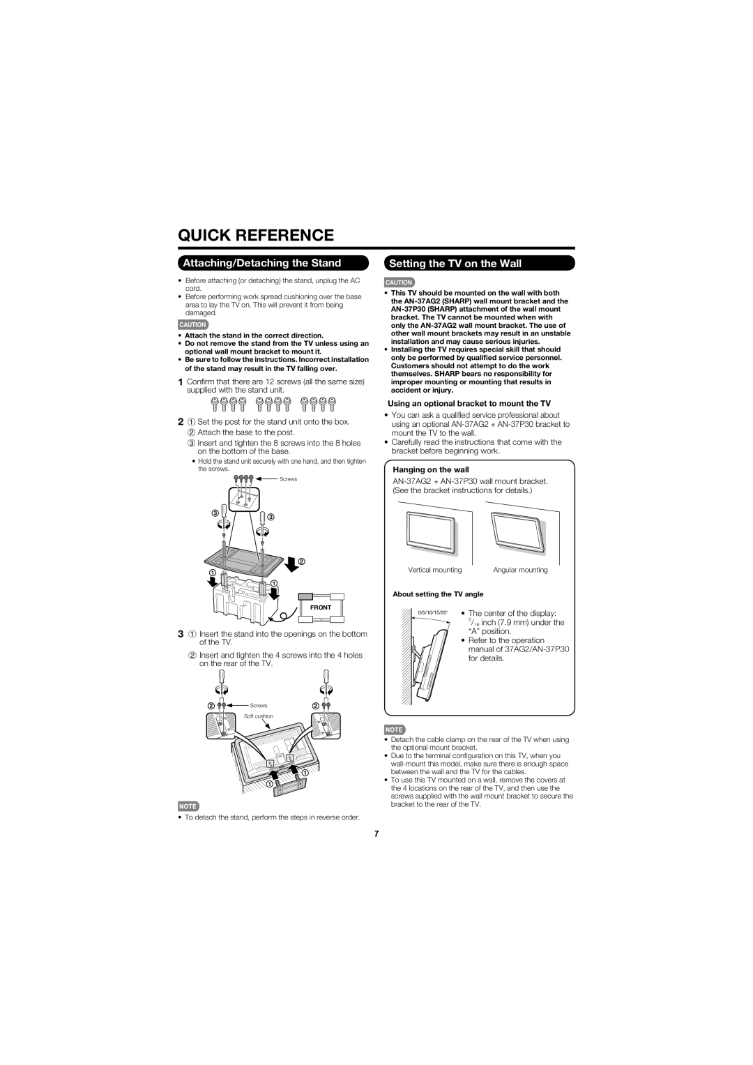 Sharp LC-40D78UN Quick Reference, Attaching/Detaching the Stand, Setting the TV on the Wall, Hanging on the wall 