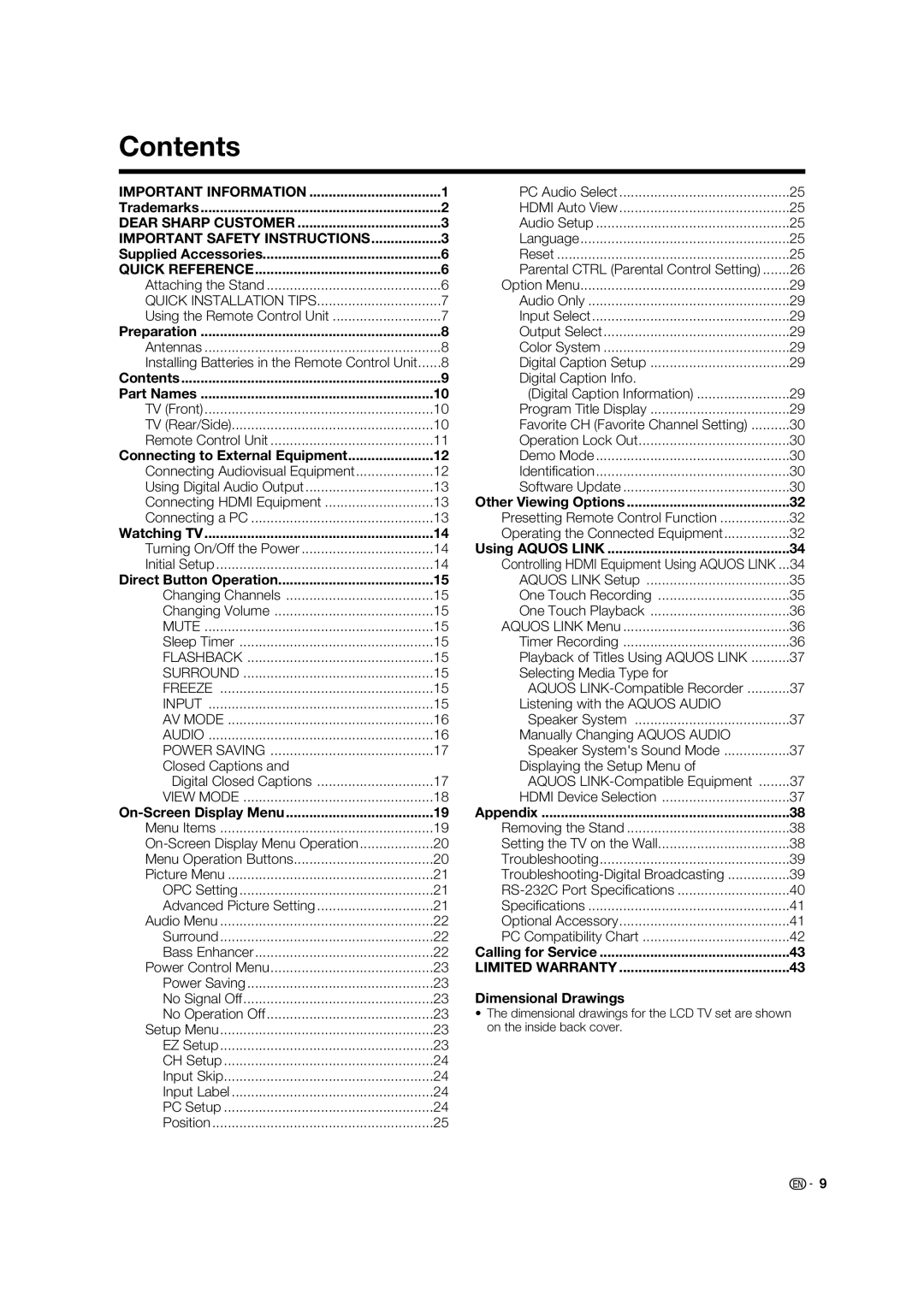 Sharp LC-40E67UN, LC 40E77UN operation manual Contents 