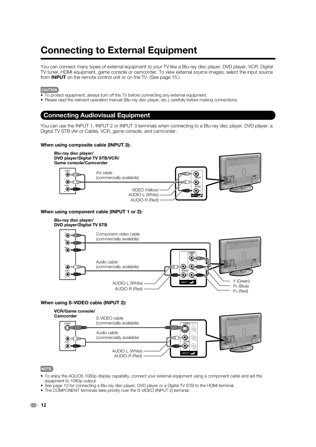 Sharp LC 40E77UN Connecting to External Equipment, Connecting Audiovisual Equipment, When using composite cable Input 