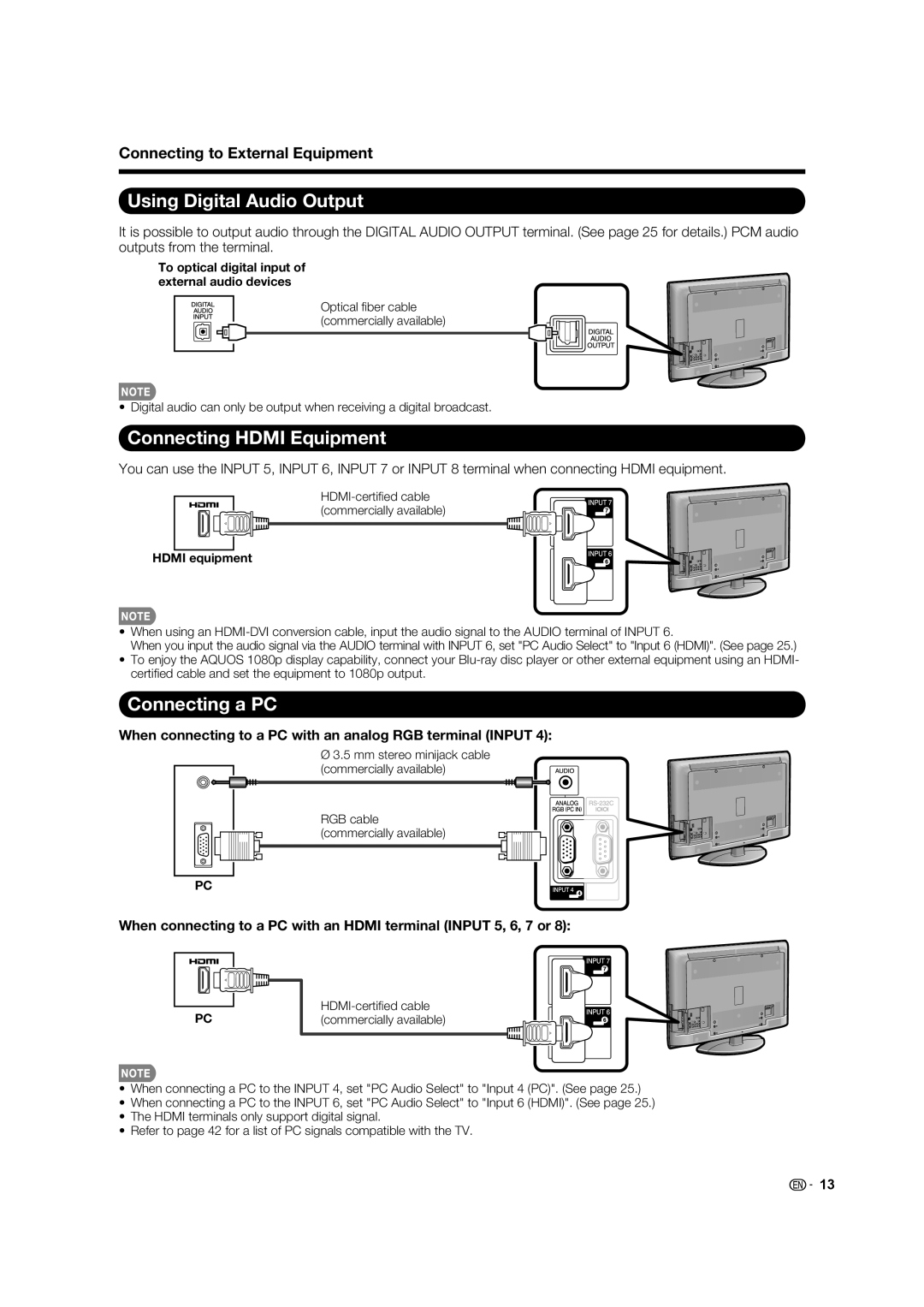 Sharp LC-40E67UN, LC 40E77UN Using Digital Audio Output, Connecting Hdmi Equipment, Connecting a PC, Hdmi equipment 