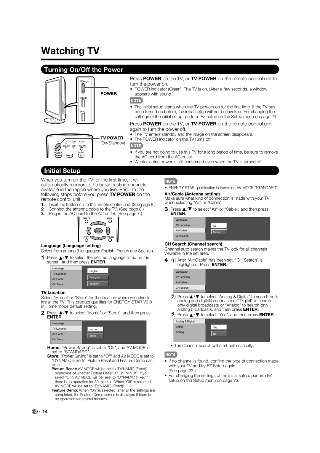 Sharp LC 40E77UN, LC-40E67UN operation manual Watching TV, Turning On/Off the Power, Initial Setup 