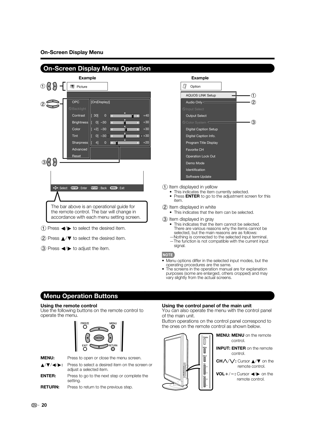 Sharp LC 40E77UN, LC-40E67UN On-Screen Display Menu Operation, Menu Operation Buttons, Using the remote control 