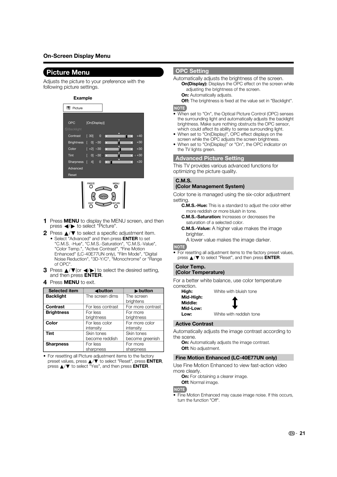 Sharp LC-40E67UN, LC 40E77UN operation manual Picture Menu, OPC Setting, Advanced Picture Setting 