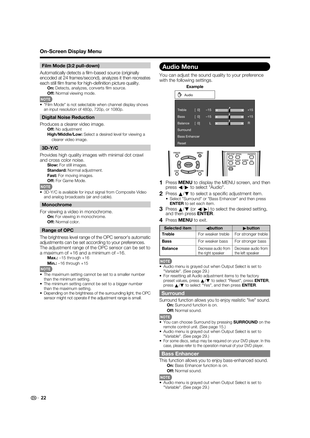 Sharp LC 40E77UN, LC-40E67UN operation manual Audio Menu, Surround, Bass Enhancer 