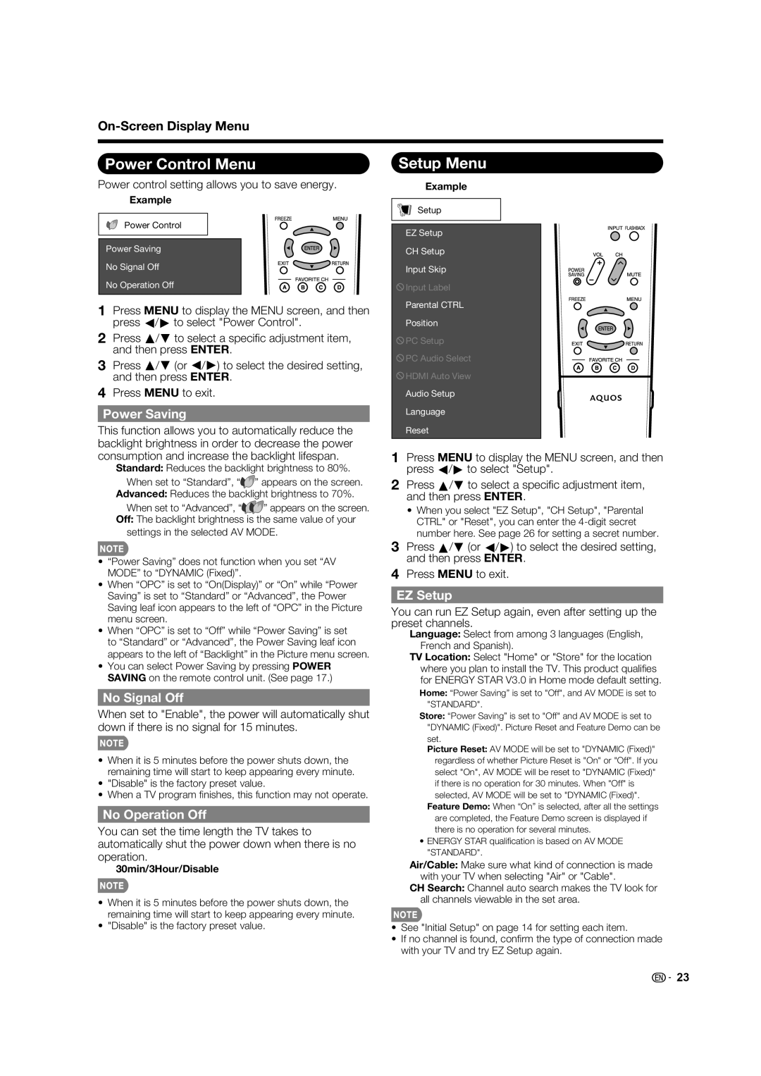 Sharp LC-40E67UN, LC 40E77UN operation manual Power Control Menu, Setup Menu 