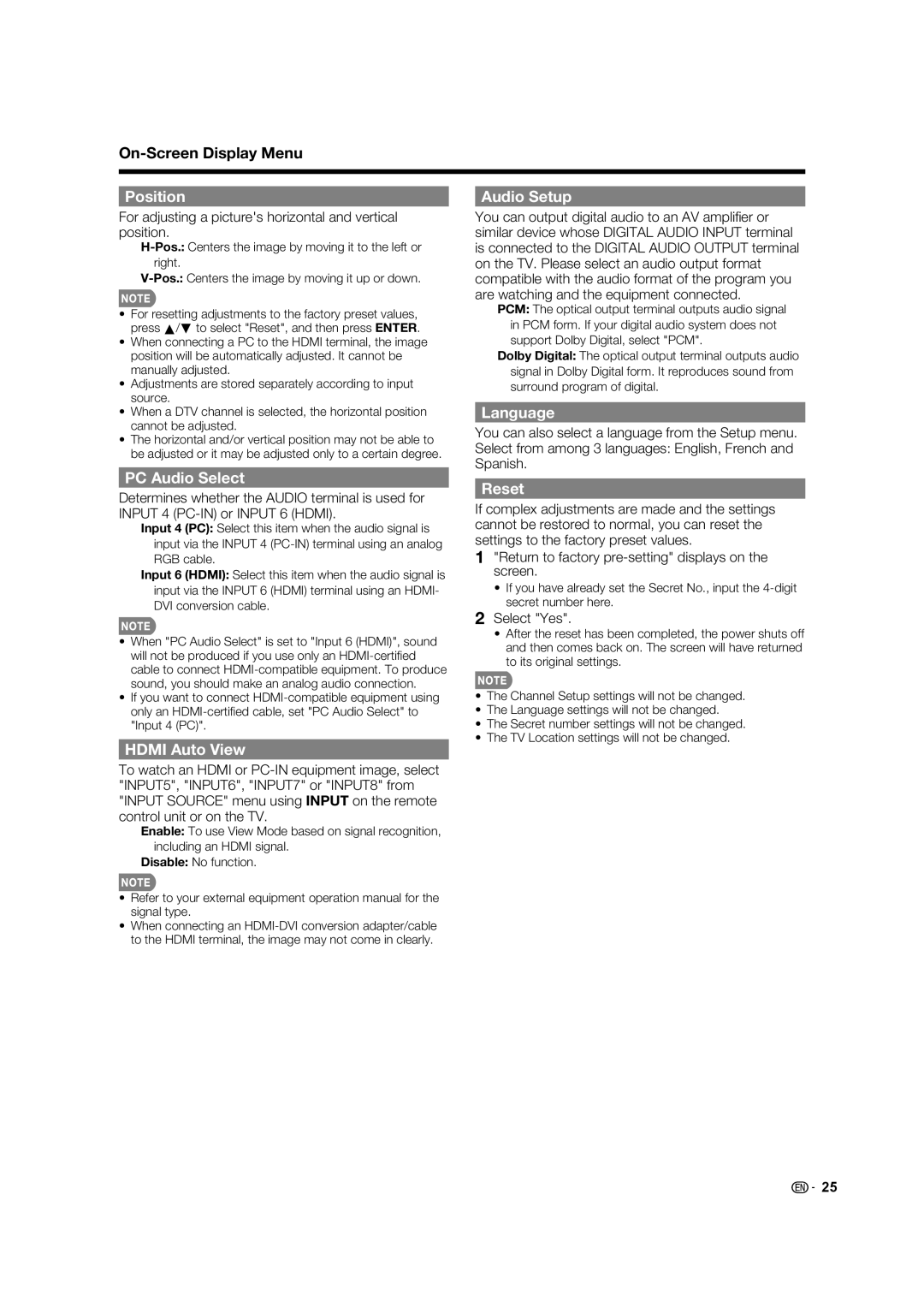 Sharp LC-40E67UN, LC 40E77UN operation manual Position Audio Setup, PC Audio Select, Hdmi Auto View, Language, Reset 