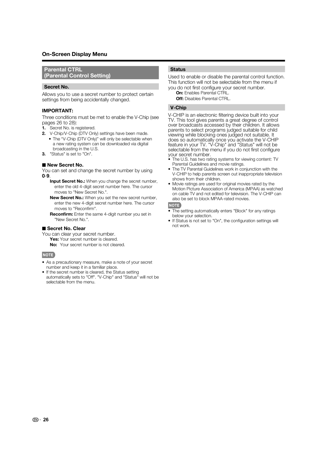 Sharp LC 40E77UN, LC-40E67UN operation manual Parental Ctrl Parental Control Setting 