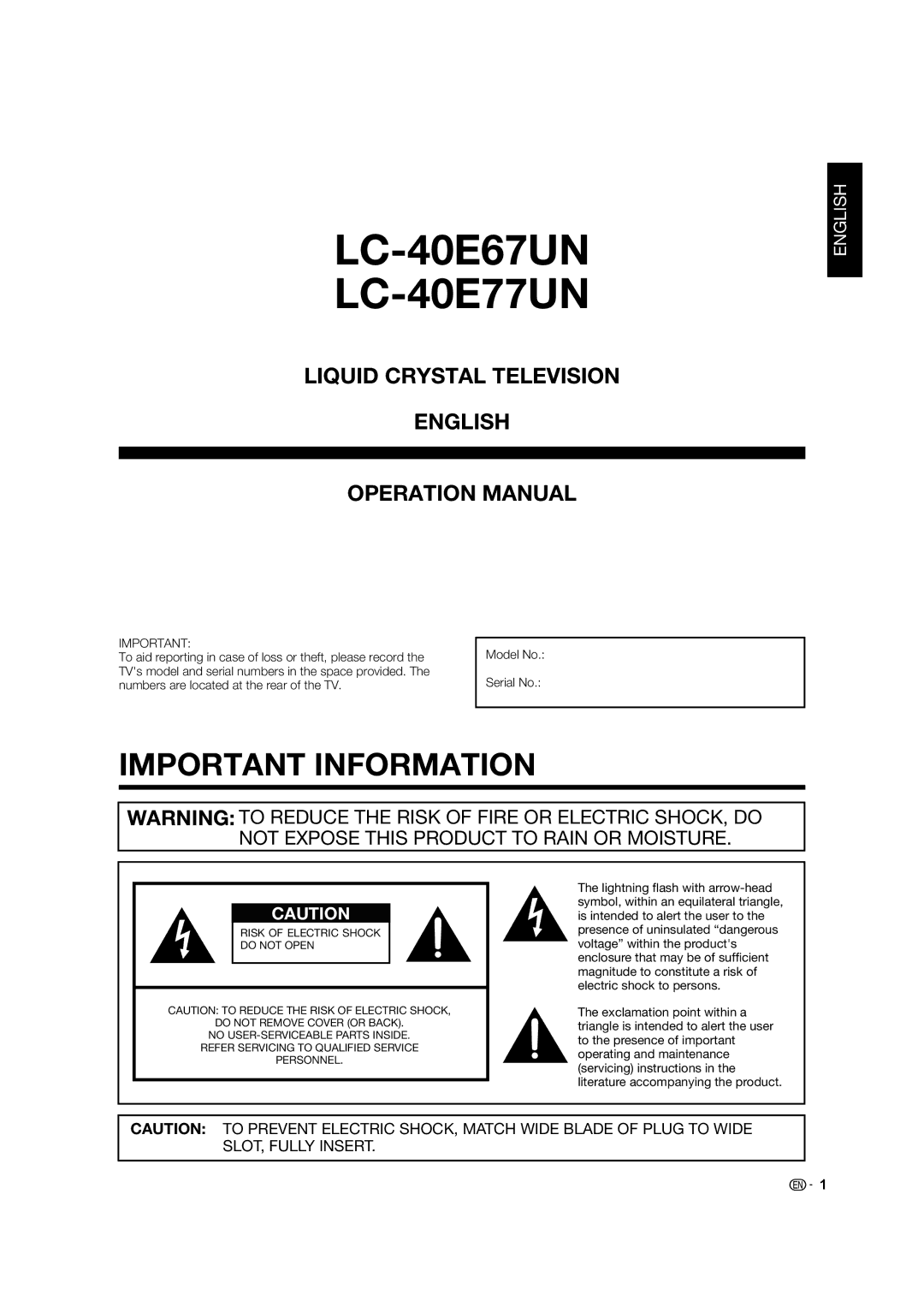 Sharp LC 40E77UN operation manual LC-40E67UN LC-40E77UN 