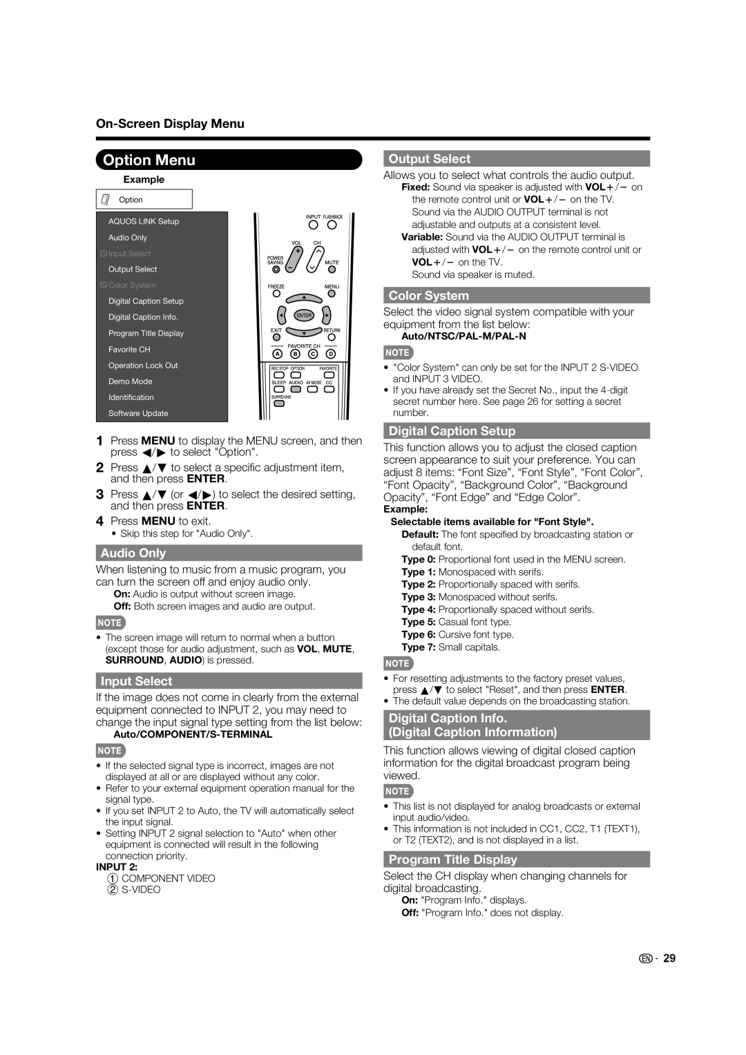 Sharp LC-40E67UN, LC 40E77UN operation manual Option Menu 