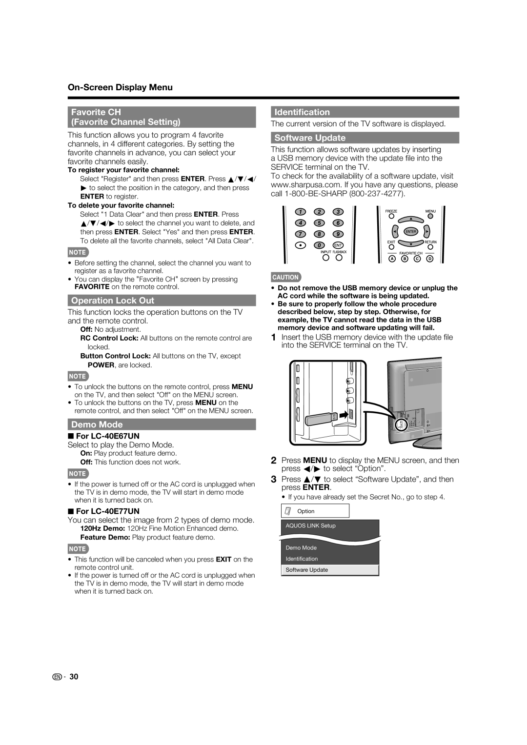 Sharp LC 40E77UN Favorite CH Favorite Channel Setting, Operation Lock Out, Demo Mode, Identiﬁcation, Software Update 