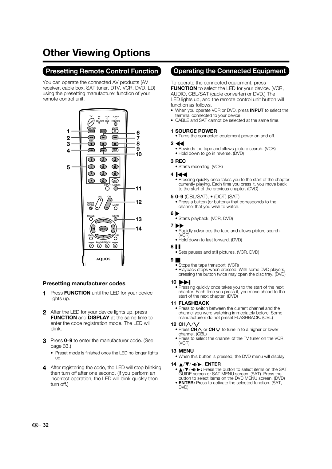 Sharp LC 40E77UN, LC-40E67UN operation manual Other Viewing Options, Presetting Remote Control Function 