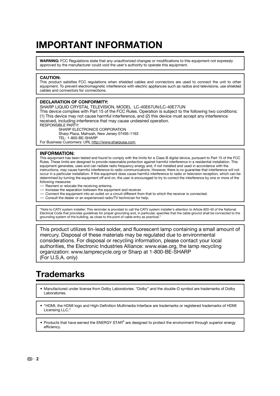 Sharp LC 40E77UN, LC-40E67UN operation manual Trademarks, Declaration of Conformity 