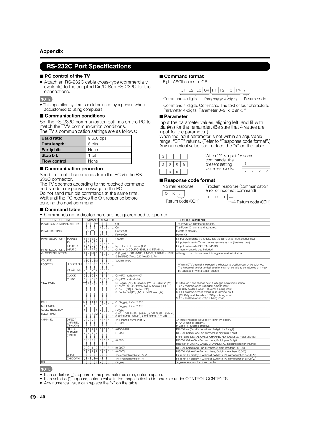 Sharp LC 40E77UN, LC-40E67UN operation manual RS-232C Port Speciﬁcations 