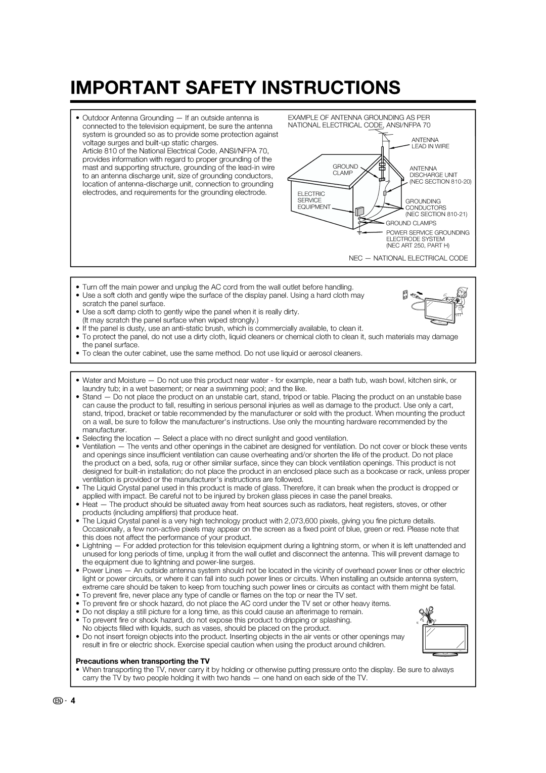 Sharp LC 40E77UN, LC-40E67UN operation manual Precautions when transporting the TV 