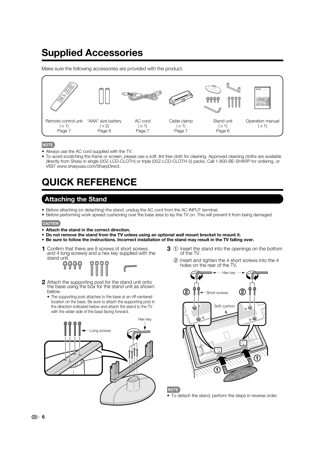 Sharp LC 40E77UN, LC-40E67UN operation manual Supplied Accessories, Attaching the Stand 