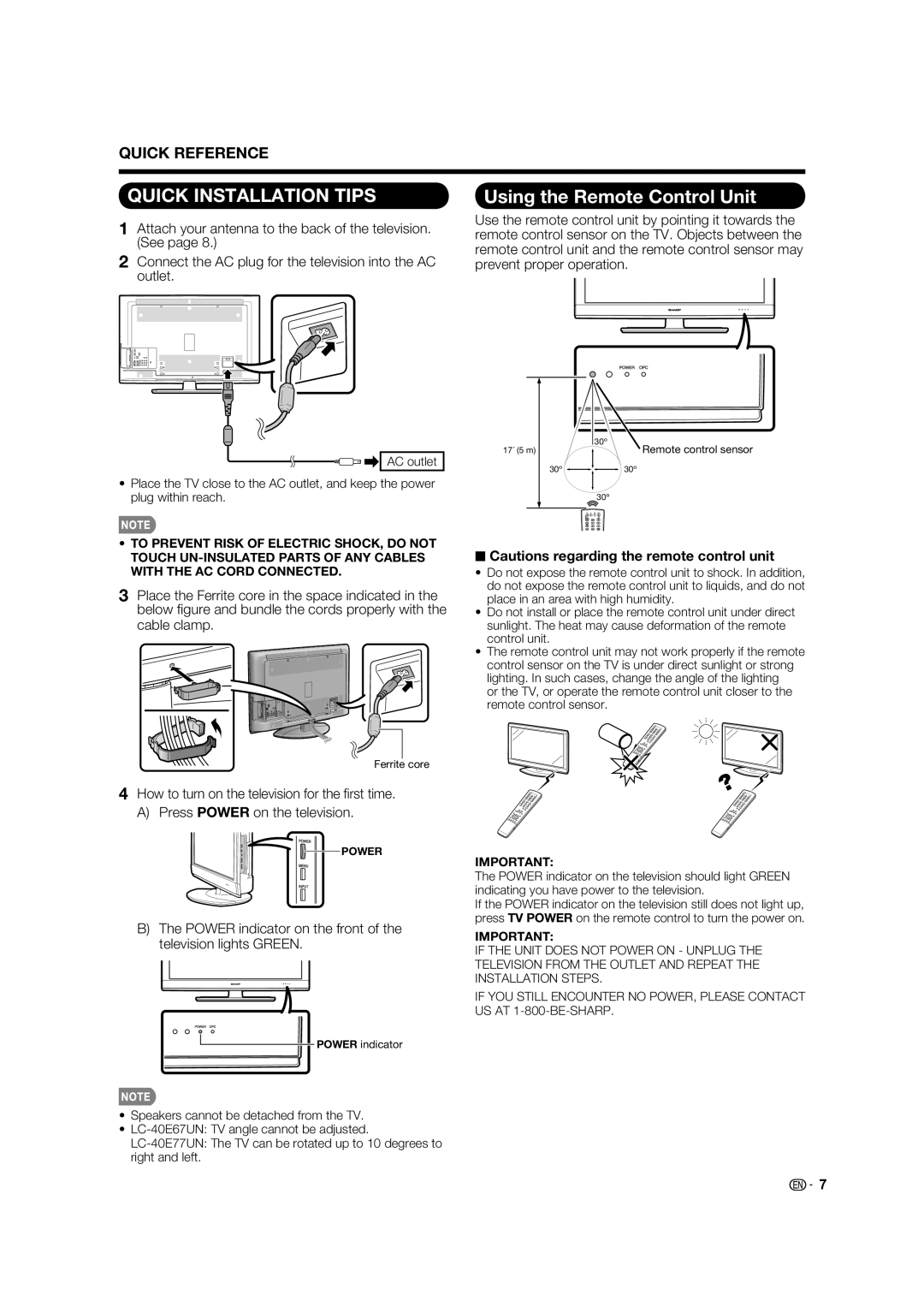 Sharp LC-40E67UN, LC 40E77UN Using the Remote Control Unit, Power indicator on the front of the television lights Green 