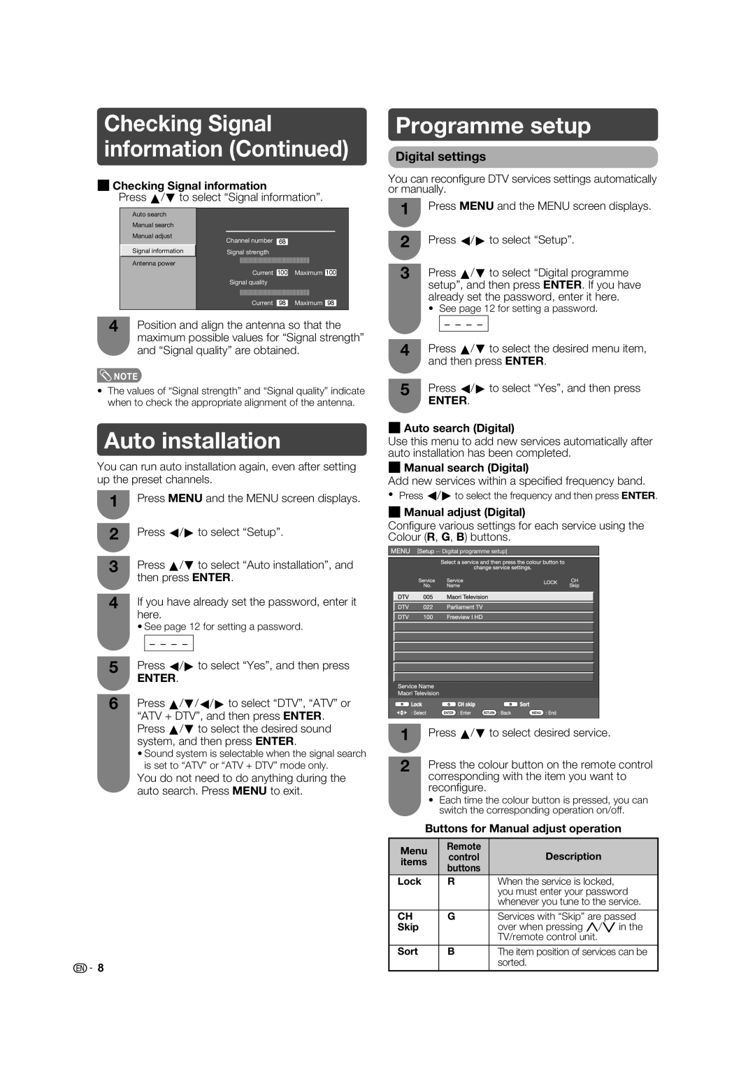 Sharp LC-40L550X, LC-40L650X, LC-32L450X operation manual Programme setup, Digital settings 