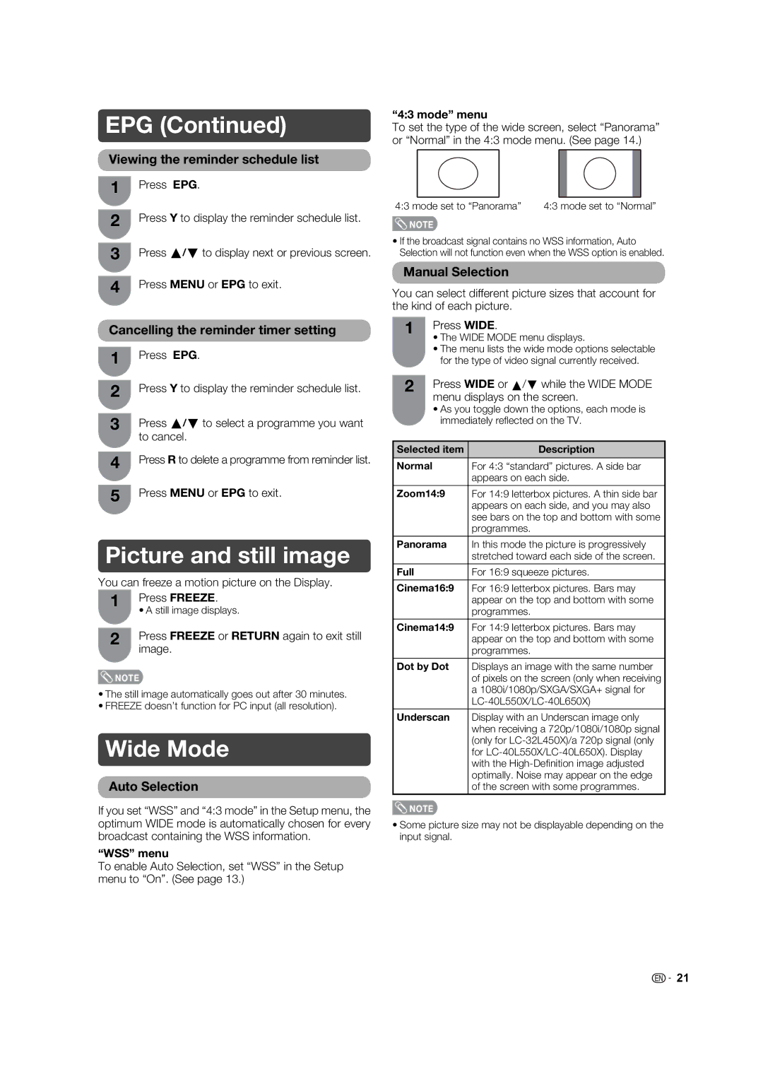 Sharp LC-32L450X, LC-40L650X, LC-40L550X operation manual Epg, Picture and still image, Wide Mode 