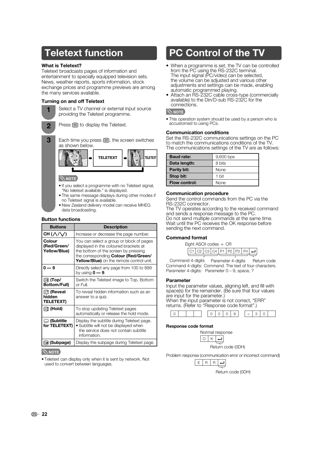 Sharp LC-40L650X, LC-40L550X, LC-32L450X operation manual Teletext function, PC Control of the TV 