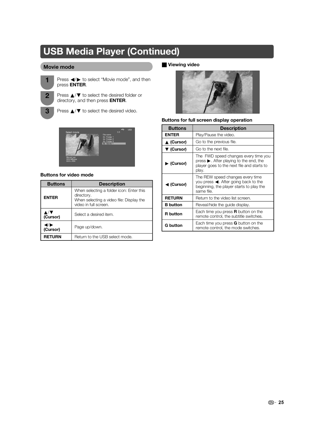 Sharp LC-40L650X Viewing video, Press c/ d to select Movie mode, and then, Buttons for video mode Description 