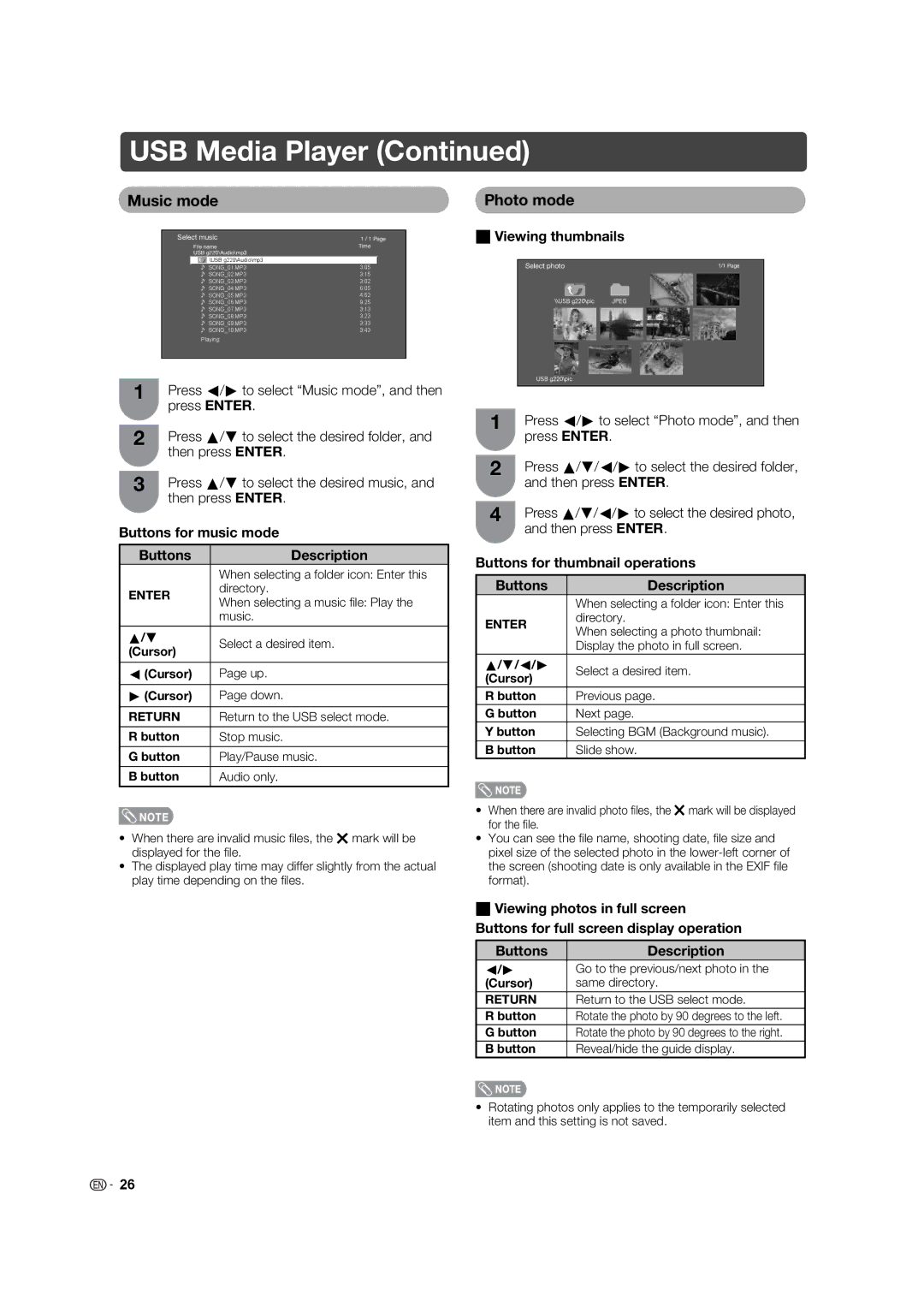 Sharp LC-40L550X, LC-40L650X, LC-32L450X Music mode, Photo mode, Buttons for music mode Description, Viewing thumbnails 