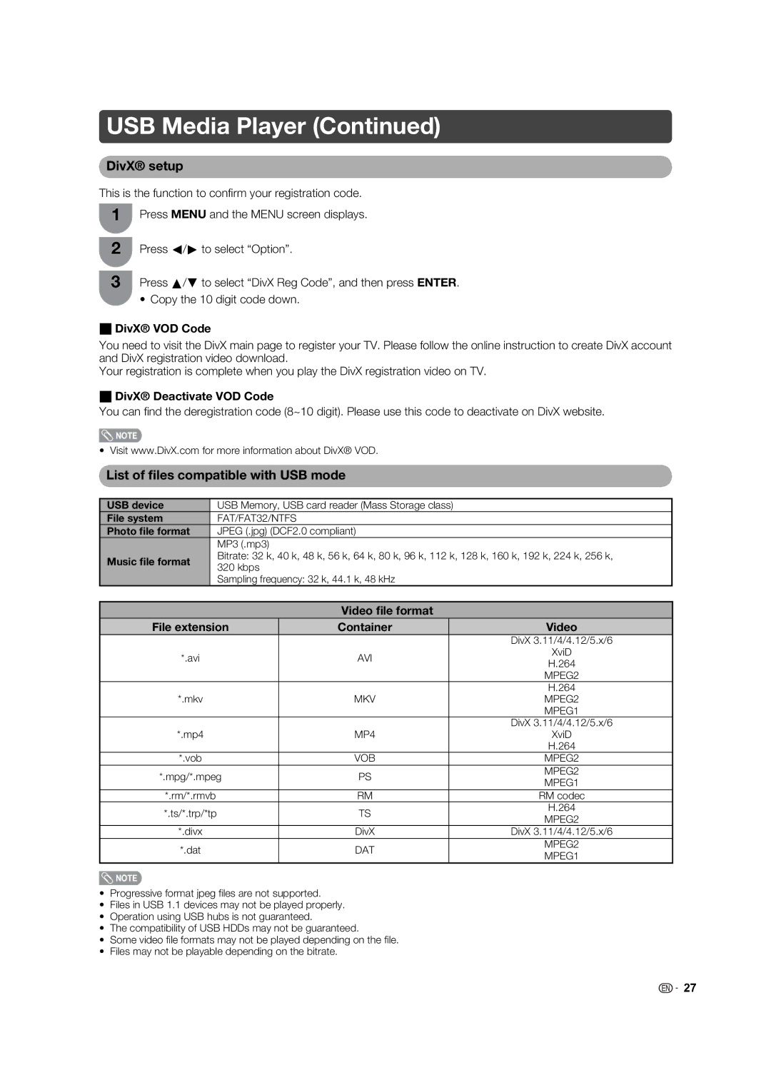 Sharp LC-32L450X, LC-40L650X DivX setup, List of ﬁles compatible with USB mode, DivX VOD Code, DivX Deactivate VOD Code 