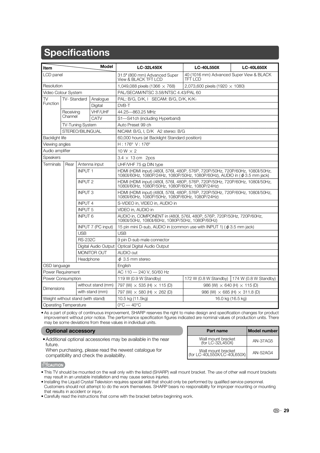 Sharp operation manual Speciﬁcations, Optional accessory, Model LC-32L450X LC-40L550X LC-40L650X, Part name 