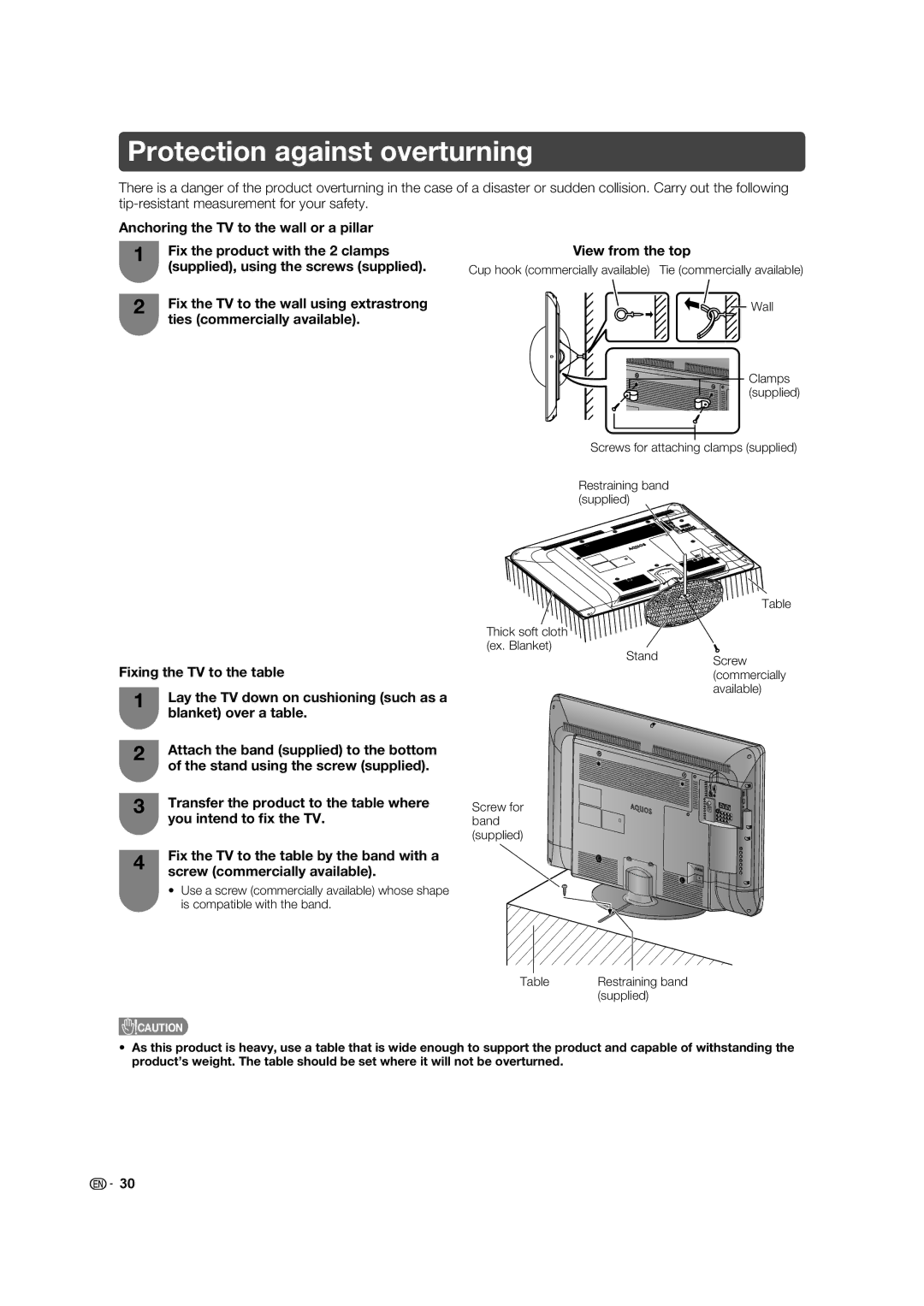 Sharp LC-32L450X, LC-40L650X, LC-40L550X Protection against overturning, View from the top, Is compatible with the band 