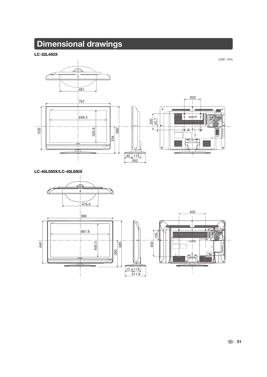 Sharp operation manual Dimensional drawings, LC-32L450X, LC-40L550X/LC-40L650X 