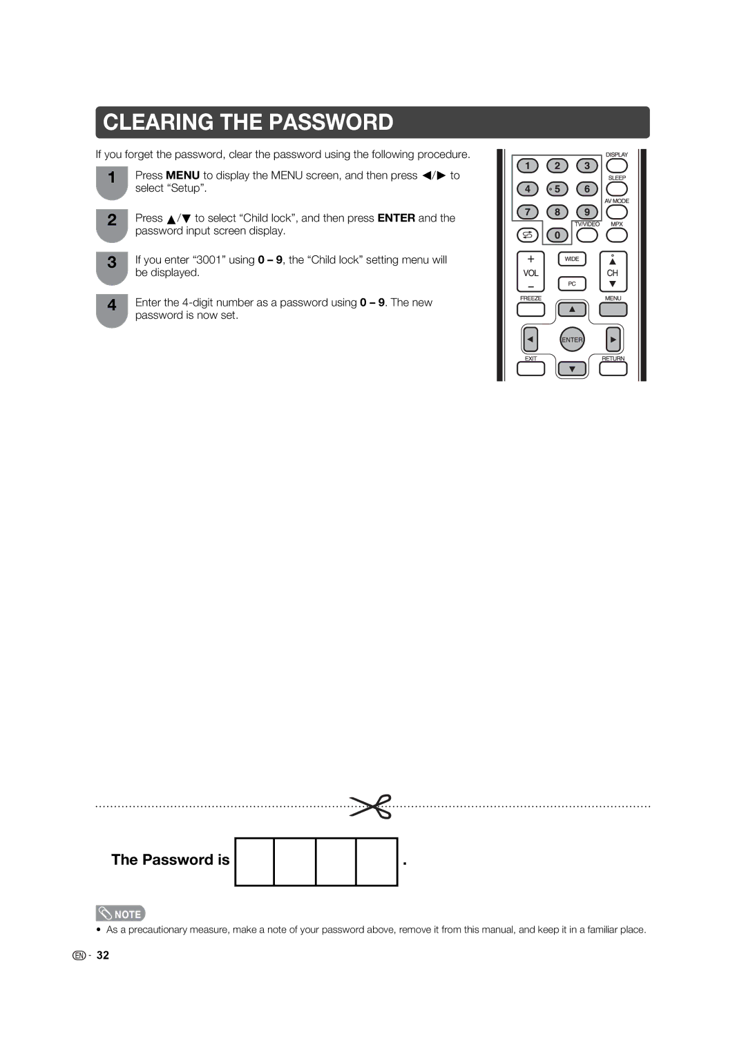 Sharp LC-40L550X, LC-40L650X Be displayed, Enter the 4-digit number as a password using 0 9. The new, Password is now set 