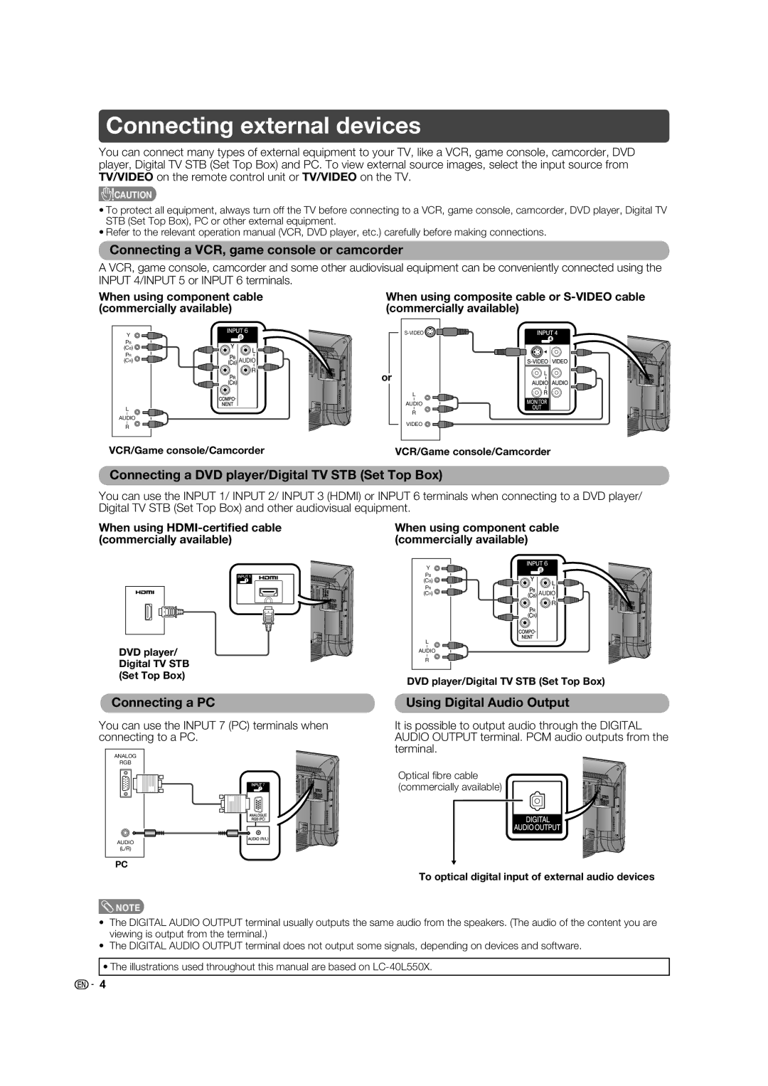 Sharp LC-40L650X, LC-40L550X Connecting external devices, Connecting a VCR, game console or camcorder, Connecting a PC 