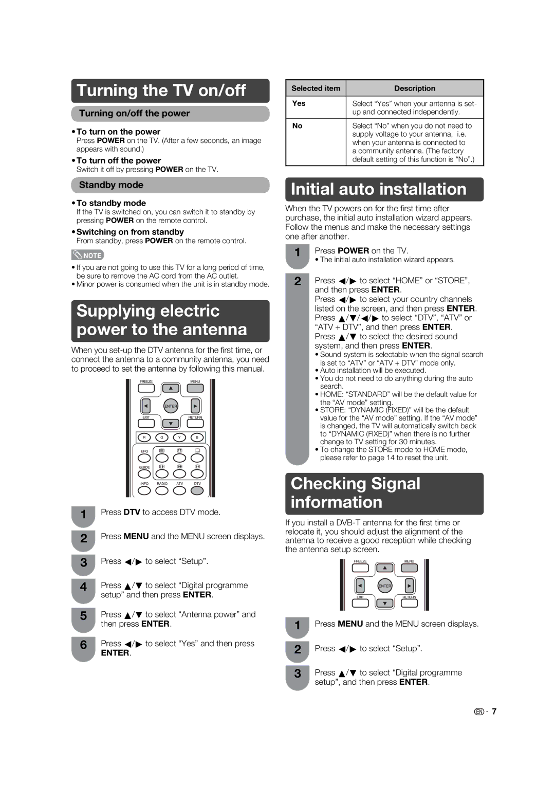 Sharp LC-40L650X, LC-40L550X Turning the TV on/off, Supplying electric power to the antenna, Initial auto installation 