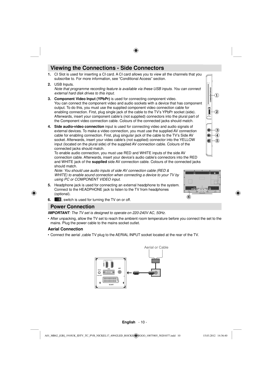 Sharp LC-40LE240E operation manual Viewing the Connections Side Connectors, Power Connection, Aerial Connection 