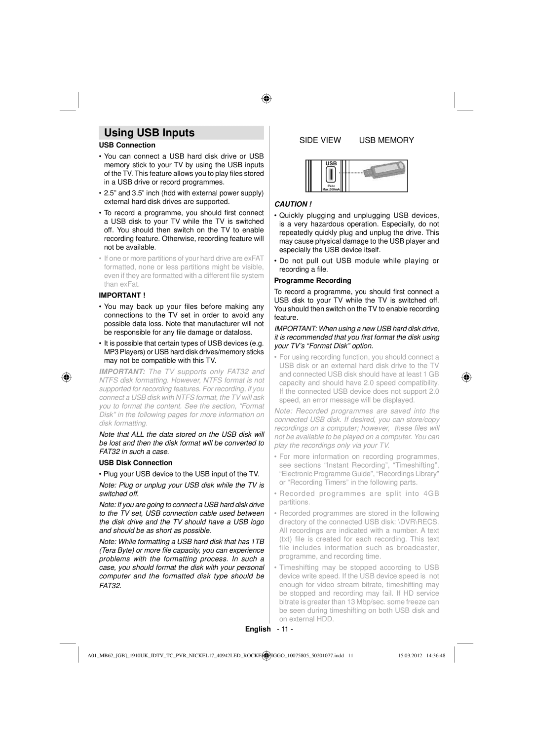 Sharp LC-40LE240E operation manual Using USB Inputs, USB Connection, USB Disk Connection, Programme Recording 