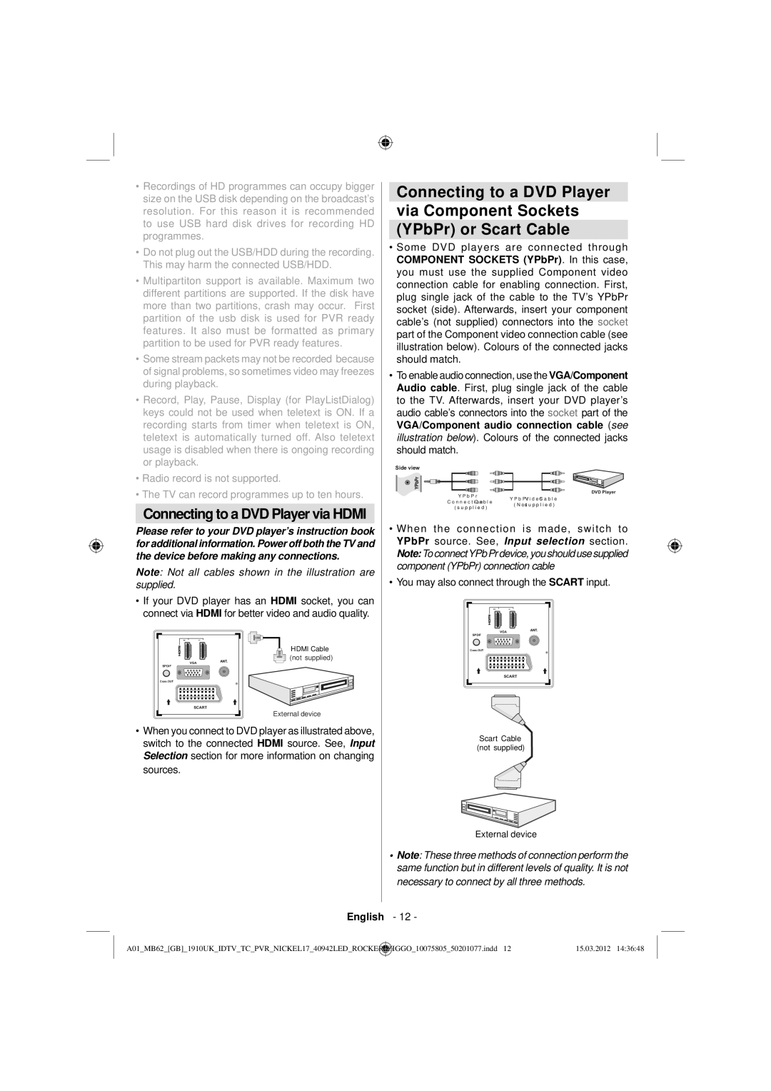 Sharp LC-40LE240E operation manual Connecting to a DVD Player via Hdmi, Partition to be used for PVR ready features 