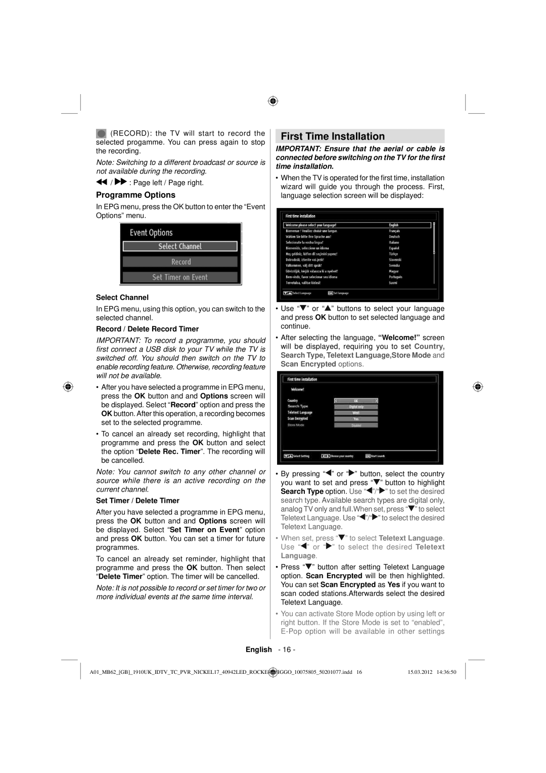 Sharp LC-40LE240E operation manual First Time Installation, Programme Options, Select Channel, Record / Delete Record Timer 