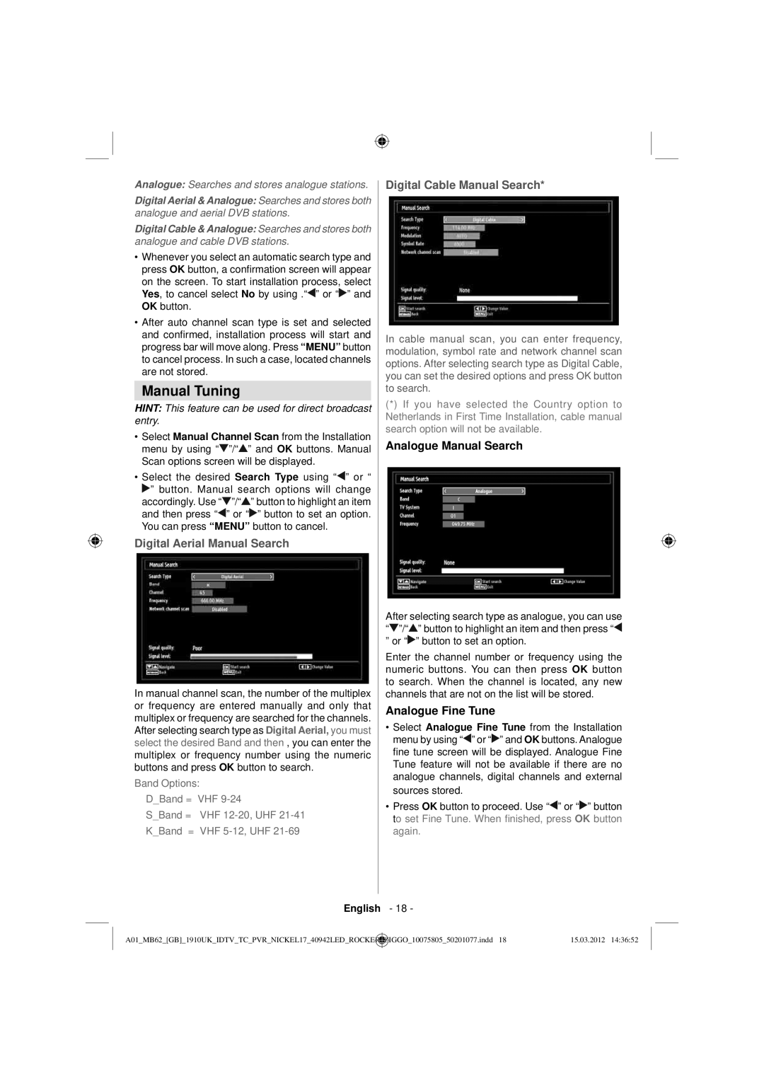 Sharp LC-40LE240E operation manual Manual Tuning, Analogue Manual Search, Analogue Fine Tune 